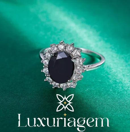 Trumium 3ct Diana Sterling Silver Halo Black Gemstone Ring