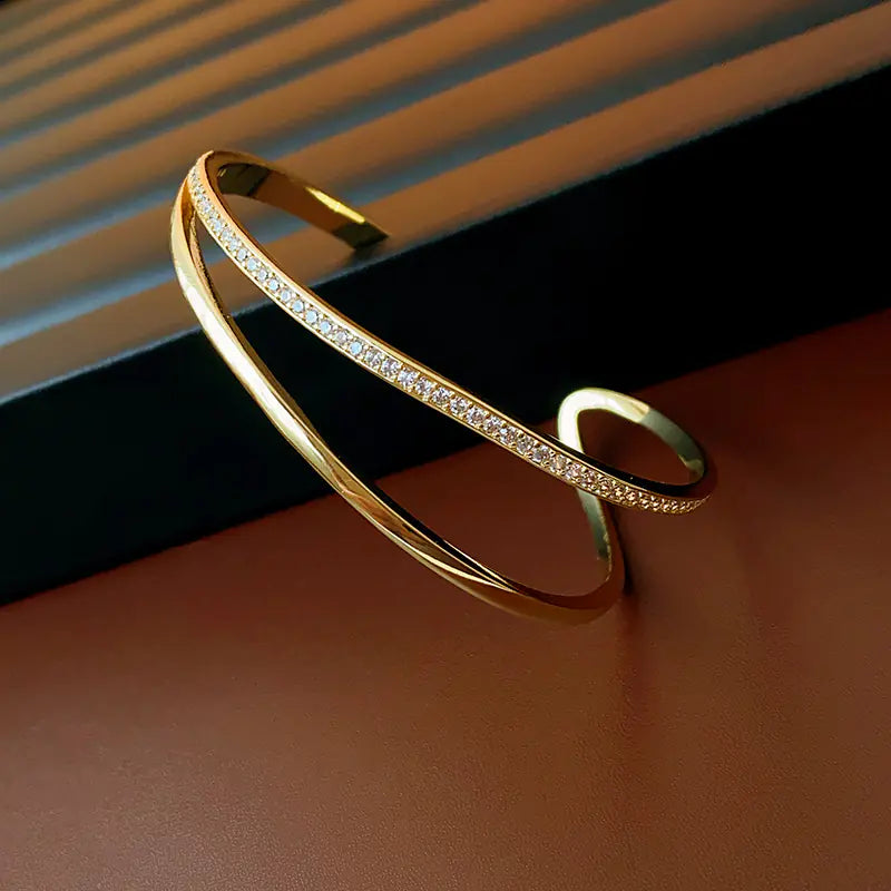 Gold-Plated Zirconia Open Bangle - Stylish Minimalist Design