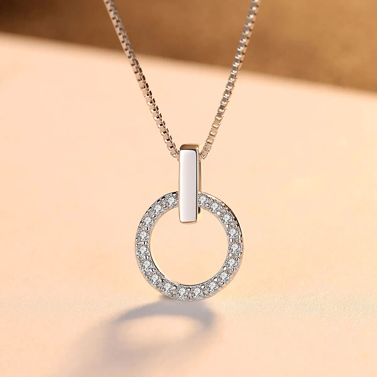 S925 Silver Box Chain Necklace with Zircon Pendant