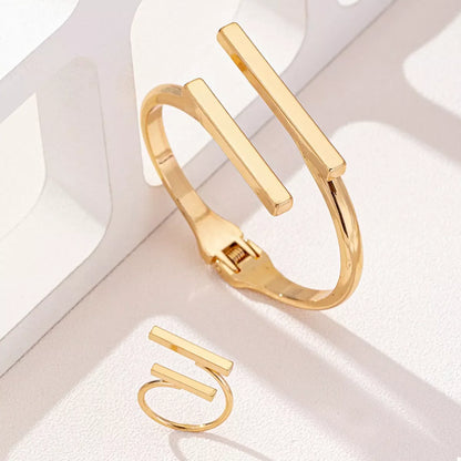 Adjustable 18K Gold-Plated Modern Bar Bracelet and Ring Jewelry Set