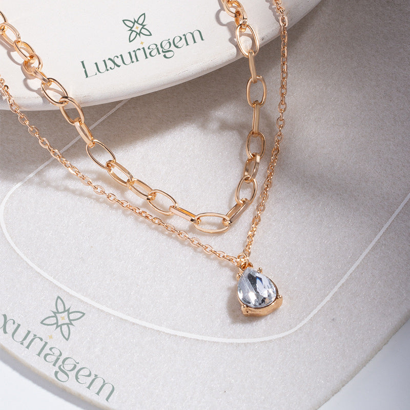 18K Gold Plated Layered Necklace with Rhinestones