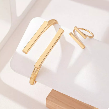 Adjustable 18K Gold-Plated Modern Bar Bracelet and Ring Jewelry Set