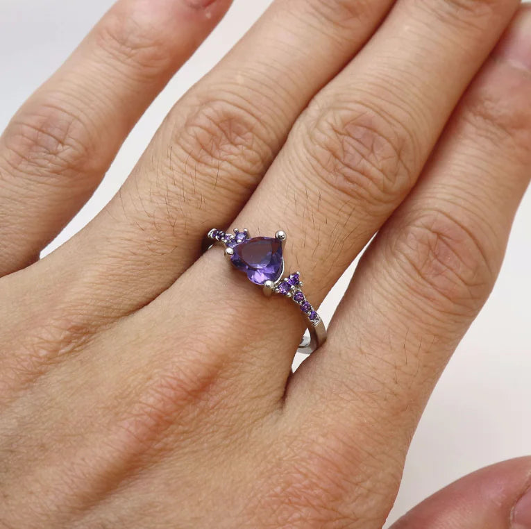 Amethyst Heart-Shaped Ring with Natural Zircon Silver