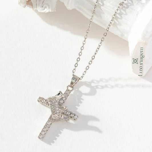 Crown Cross Clavicle Chain Silver Zircon Pendant Necklace